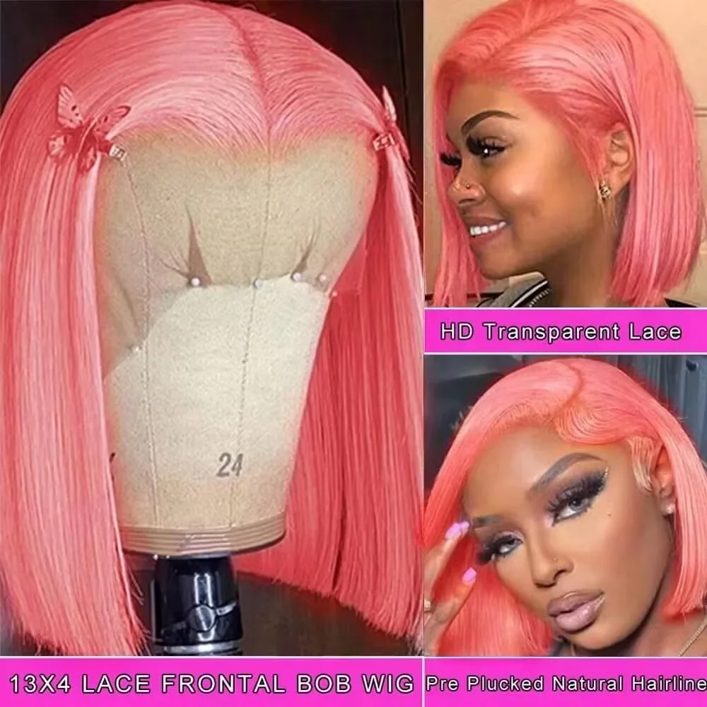 Pre Parted 13X4 Lace Front Bob Wig - 10인치 핑크색 밥 스타일 가발, 천연