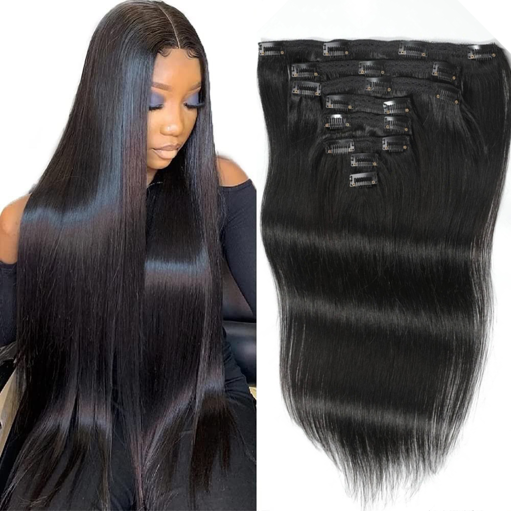 클립형 스트레이트 헤어 익스텐션, 천연 흑발, 레미 헤 - Seamless Clip In Hair Extensions Human Hair 리뷰 및 가격